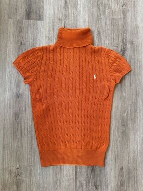 Ralph Lauren Bright Orange Cable Knit Short Sleeve Turtleneck Top